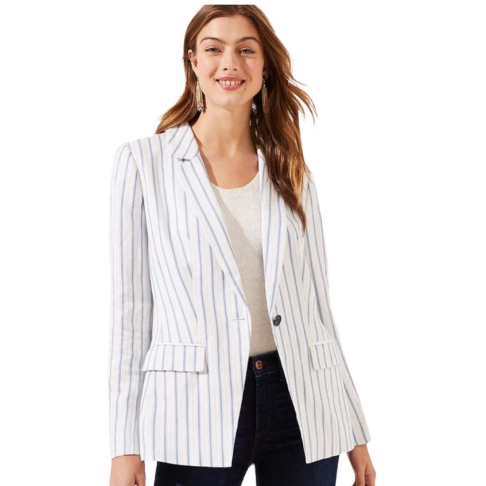 LOFT white and blue striped blazer linen blend 18P